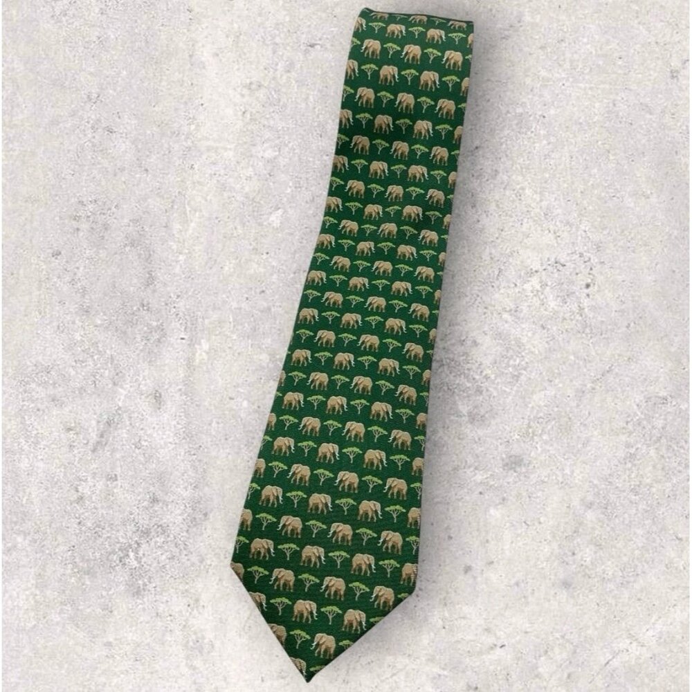 PAUL STUART Silk Tie USA  Green Beige Elephant Tree W:3.4" EUC